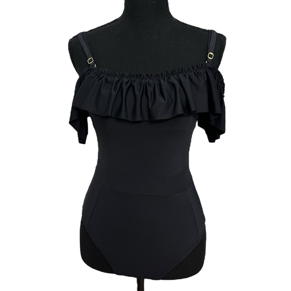 Bleu Rod Beattie Swimsuit One Piece Black Off Shoulder Coquette Size 6 Small - Picture 1 of 5